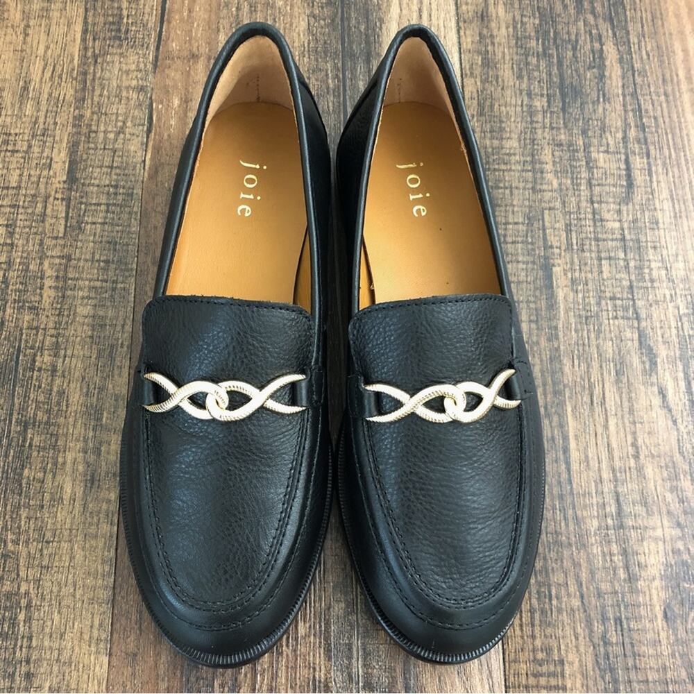 Joie Leather Chain Loafer Tumbled Nappa Preppy Old Money Laila Size 5 Black Gold
